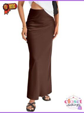 Satin Silky Maxi Skirt High Waist A-Line Ankle Length